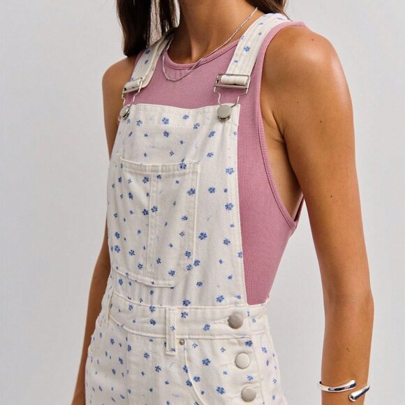 Multicolor Casual Women's ditsy Floral Print Wide-Leg Denim Overalls jumpsuit - Picture 6 of 8